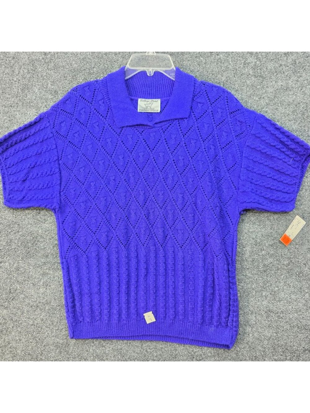 Vintage College Point Cable Knit Polo Sweater L Purple Retro Golf Club Fisherman